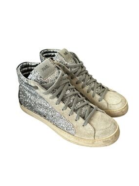 P448 Glitter High Top Sneakers EU 39 Distressed Silver Leopard Zip Designer